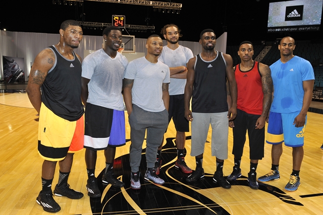adidas Basketball Boost Launch (from left) Marcus Smart, Jrue Holiday, Damian Lillard, Joakim Noah, Tim Hardaway Jr, Jeff Teague, Arron Afflalo
